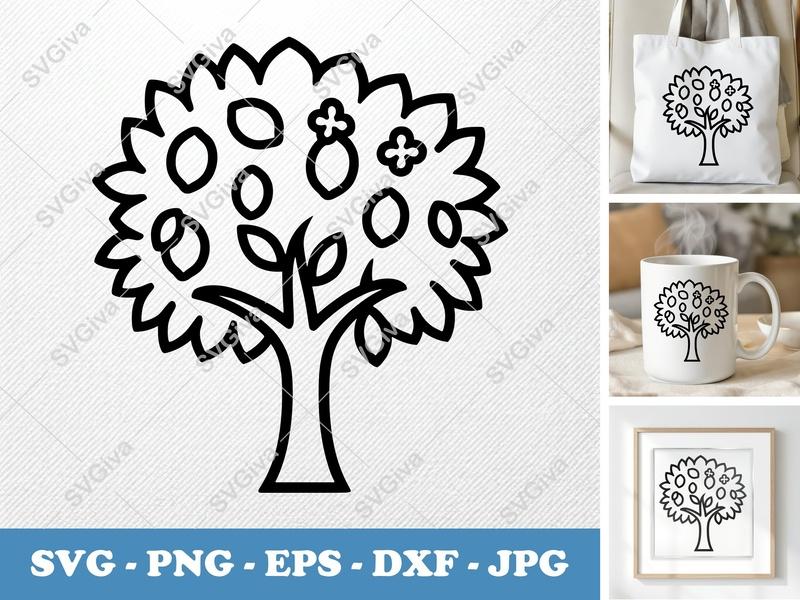 Lemon Tree SVG | Modern Outline Design, Citrus Fruit, Leaves & Flowers | PNG EPS DXF for Cricut & Silhouette