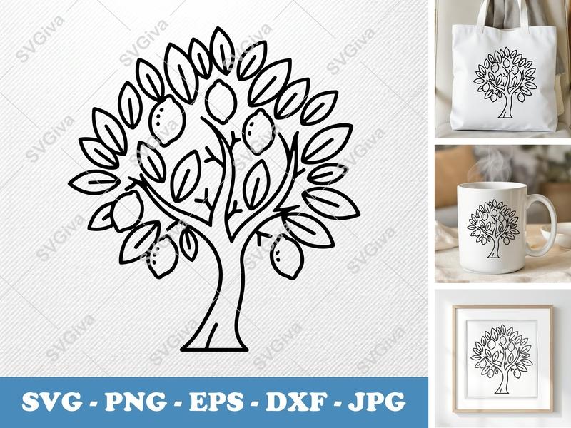 Lemon Tree SVG | Modern Outline Lemon Fruit Plant | PNG EPS DXF | Cricut Silhouette Cut File Vector Clipart