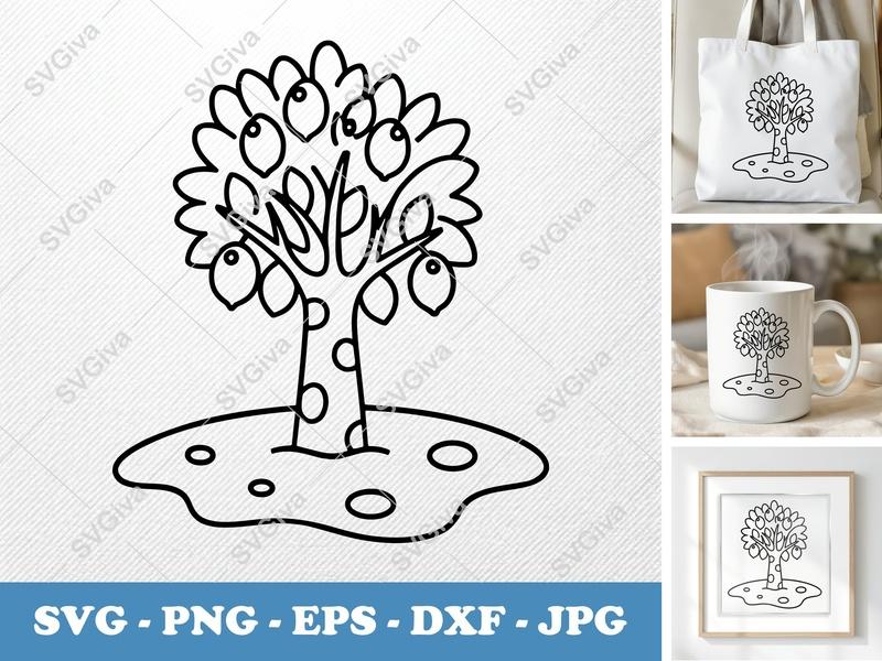 Lemon Tree SVG, Outline Lemon Fruit Tree with Ground, PNG, EPS, DXF for Cricut & Silhouette, Modern Farmhouse Clipart