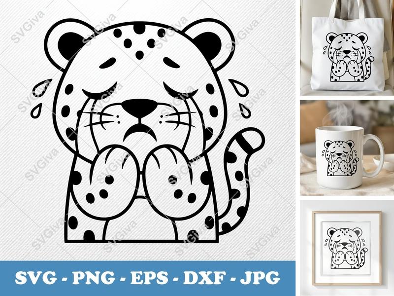 Leopard Crying SVG PNG DXF EPS | Sad Cheetah Cut File for Cricut Silhouette | Animal Vector Art