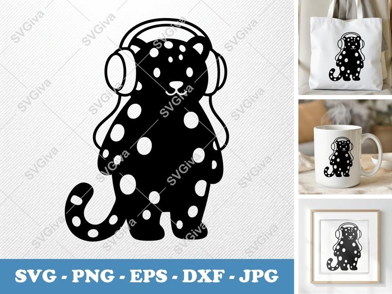Leopard DJ SVG, Headphone Leopard PNG, EPS, DXF | Cute Animal Cut File for Cricut & Silhouette, Modern Music Design
