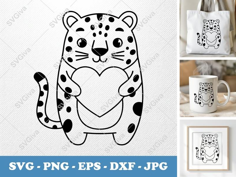 Leopard Holding Heart SVG | Friendly Bean-Shaped Forms | Rounded Body Cut File | PNG DXF EPS for Cricut Silhouette