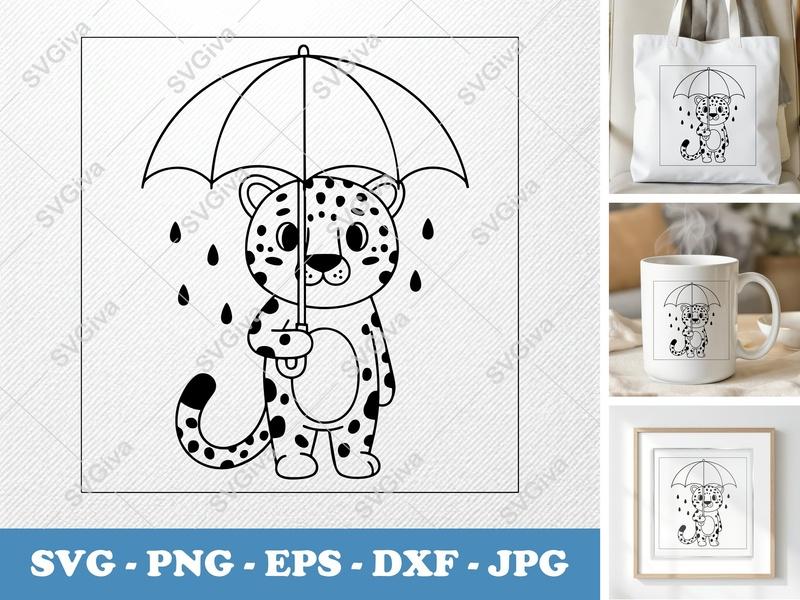 Leopard Holding Umbrella SVG | Friendly Bean-Shaped Cut File | PNG DXF EPS for Cricut Silhouette