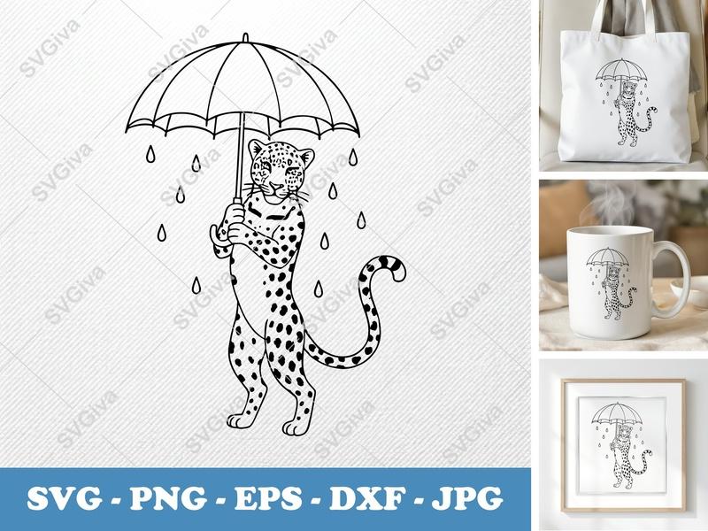 Leopard Holding Umbrella SVG | Minimalist Character Design | Bold Contour PNG DXF EPS | Cricut Silhouette File