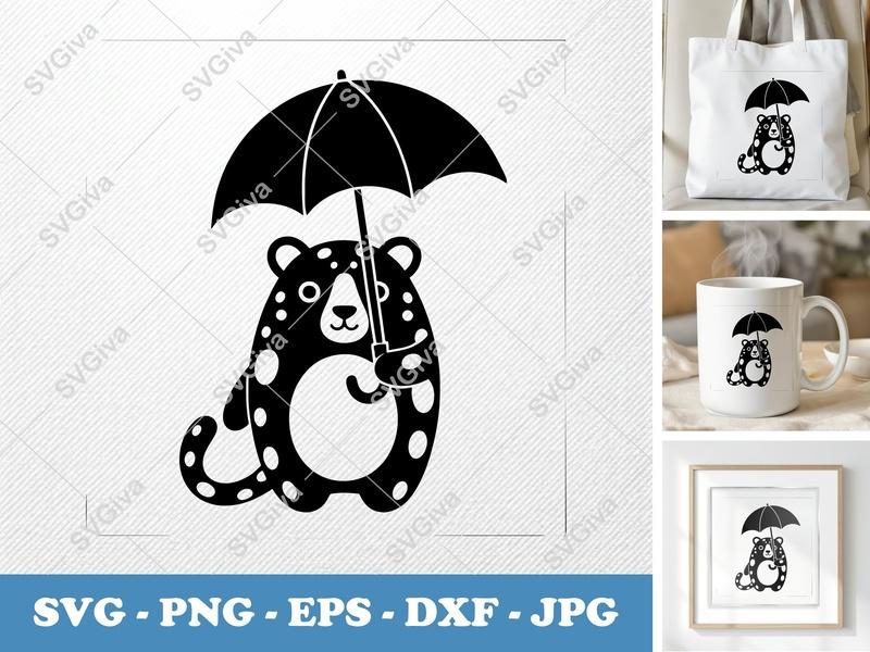 Leopard Holding Umbrella SVG | Puffy Cartoon Design | PNG DXF EPS | Cricut Silhouette File
