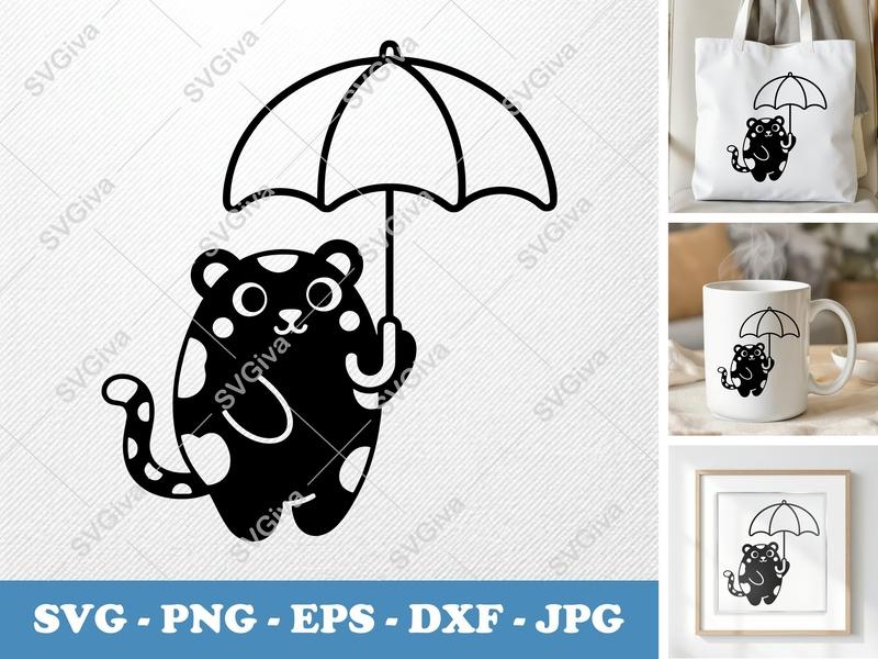 Leopard Holding Umbrella SVG | Puffy Cartoon Style Cut File | PNG, DXF, EPS for Cricut & Silhouette