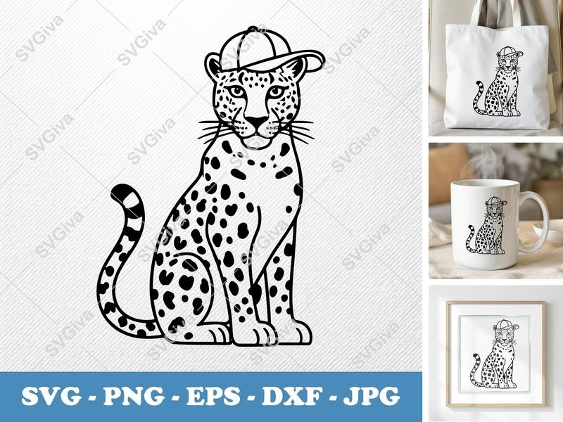 Leopard in a Cap SVG | Double-Outline Minimalist Design | Thick Contour, Thin Lines | PNG DXF EPS | Cricut Silhouette File
