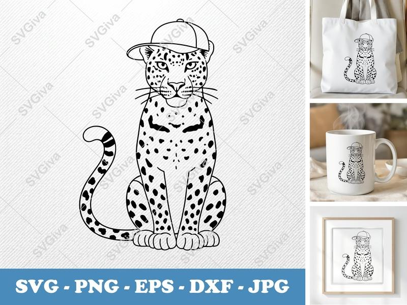 Leopard in a Cap SVG | Minimalist Bold Contour | PNG DXF EPS | Cricut Silhouette Cut File