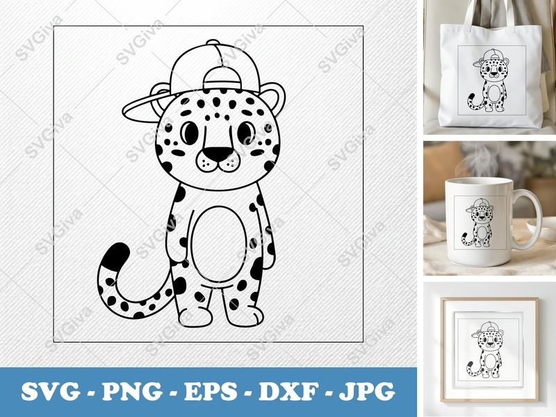 Leopard in a cap SVG | Rounded, Friendly Bean-Shaped Cut File | PNG DXF EPS | Cricut Silhouette Design