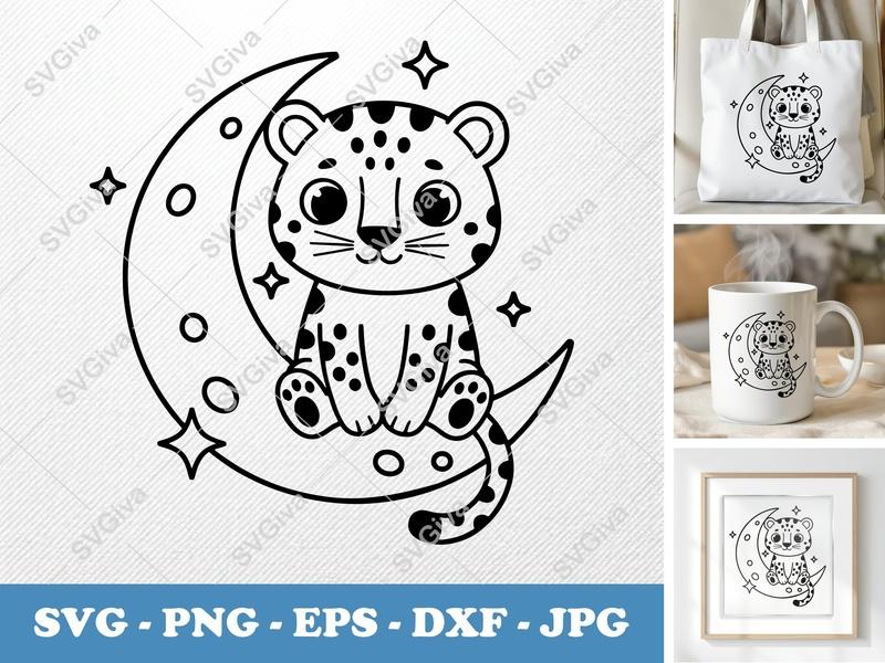 Leopard on Moon SVG, Cute Baby Cheetah PNG, EPS, DXF | Cricut, Silhouette File, Stars, Outline, Wild Animal Clipart