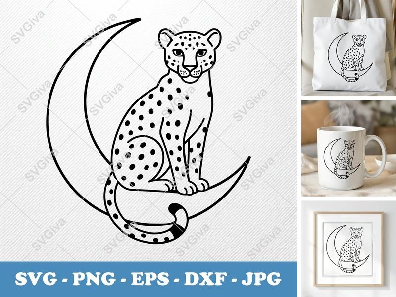 Leopard on Moon SVG | Modern Cheetah Cut File, PNG EPS DXF | Cricut Silhouette Design, Animal Clipart Vector