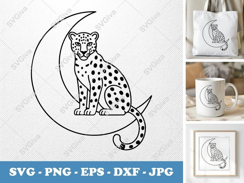 Leopard on Moon SVG | Modern Clean Design, PNG EPS DXF | Cricut Silhouette File, Animal Cut