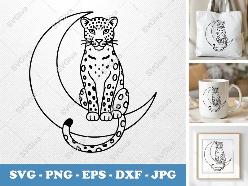 Leopard on Moon SVG | Modern Clean Line Art, Celestial Cat PNG EPS DXF for Cricut, Silhouette