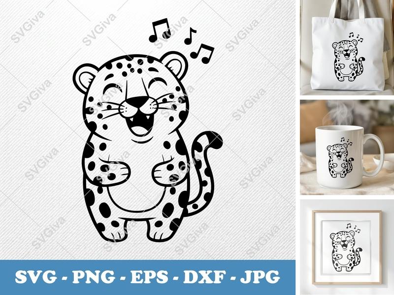 Leopard Singing SVG, Cute Animal Clip Art, Music Notes PNG, EPS, DXF for Cricut, Silhouette, Modern Design File