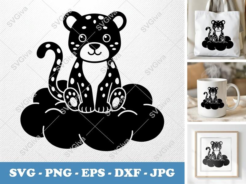 Leopard Sitting on Cloud SVG | Puffy Soft Shapes Cut File | PNG DXF EPS | Cricut Silhouette Design | Baby Nursery Art