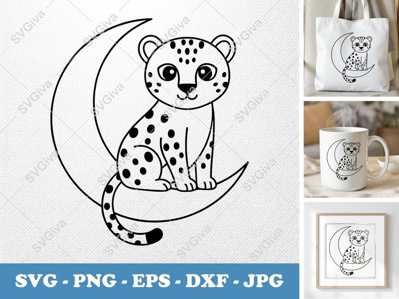 Leopard Sitting on Moon SVG | Friendly, Rounded Body Cut File | PNG, DXF, EPS for Cricut, Silhouette
