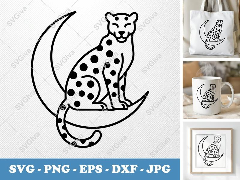 Leopard Sitting on Moon SVG | Minimalist Contour & Clean Fill | SVG PNG DXF EPS | Cricut Silhouette File