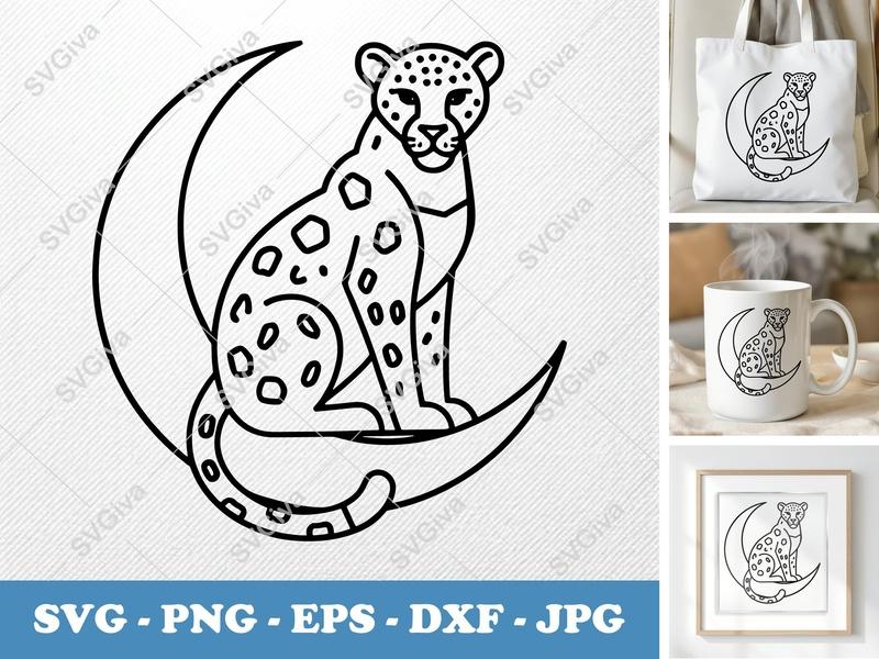 Leopard Sitting on Moon SVG | Minimalist Double-Outline Cut File | Thick Outer Contour | PNG DXF EPS for Cricut Silhouette