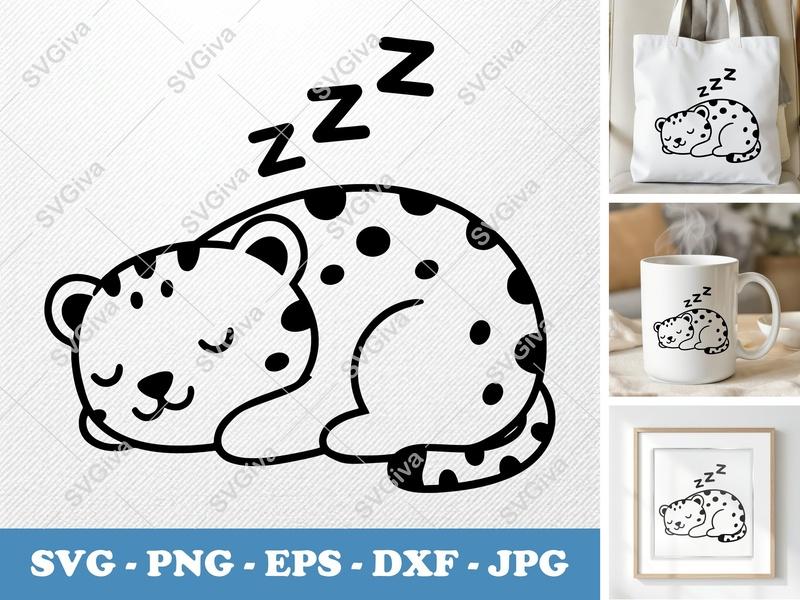 Leopard Sleeping SVG, Cute Animal ZZZ, Outline PNG, EPS, DXF for Cricut & Silhouette, Modern Clean Design