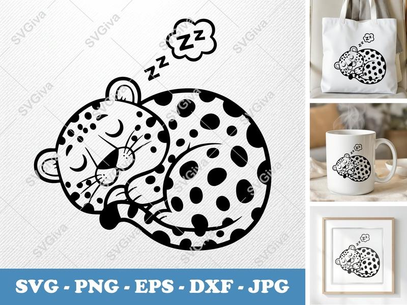 Leopard Sleeping SVG, Modern Clean Design Animal Cut File, Zzz Nap PNG EPS DXF for Cricut, Silhouette, Cute Wildcat Clipart