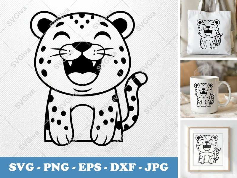 Leopard Smiling Happily SVG PNG DXF EPS | Cartoon Animal Cut File for Cricut Silhouette