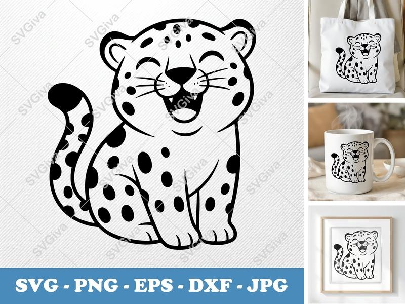 Leopard Smiling Happily SVG | Puffy Cartoon Style | PNG DXF EPS | Cricut Silhouette File