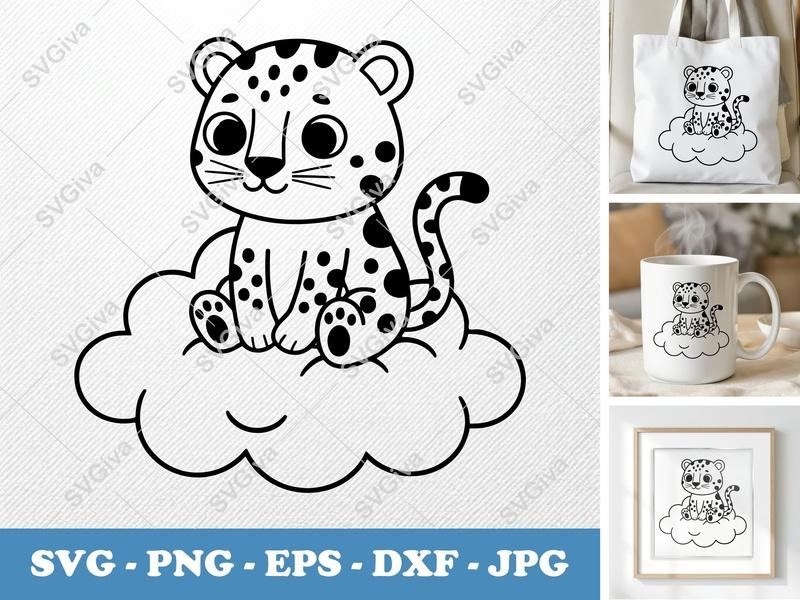 Leopard SVG | Cute Baby Leopard on Cloud, Modern Clean Design | PNG EPS DXF | Cricut Silhouette File