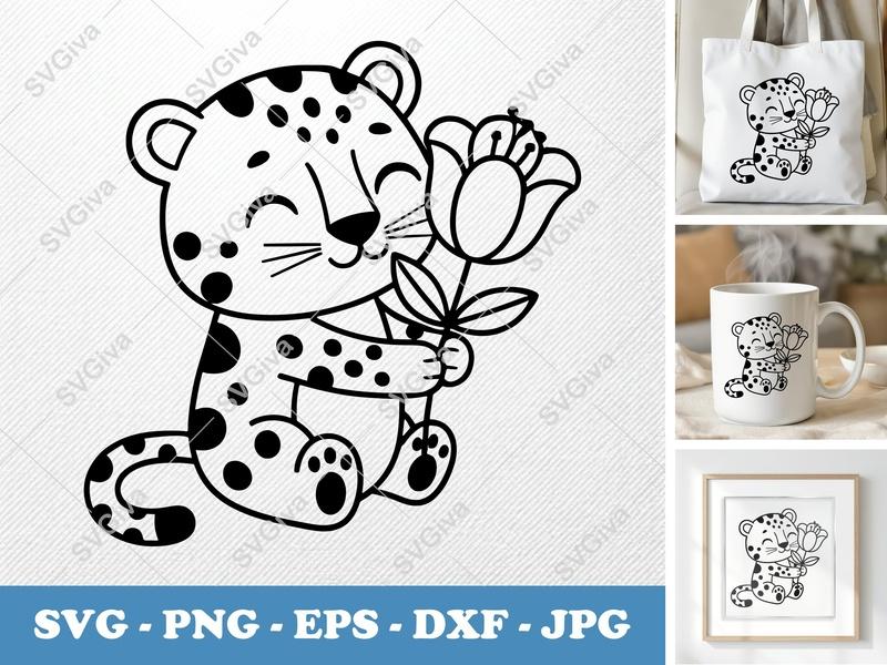 Leopard SVG Cute Baby Sitting with Flower | PNG EPS DXF for Cricut & Silhouette, Nursery Decor, Animal Clipart