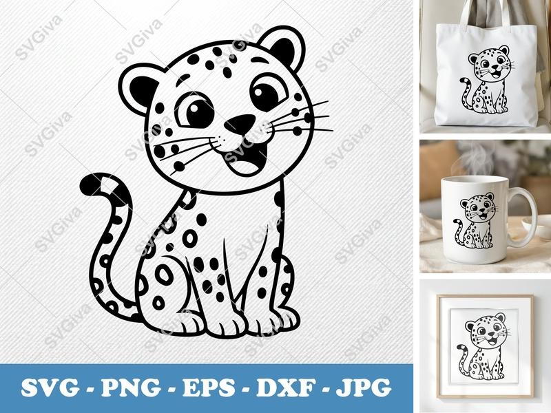 Leopard SVG | Cute Cartoon Baby Cheetah | Black & White Animal | PNG EPS DXF for Cricut, Silhouette