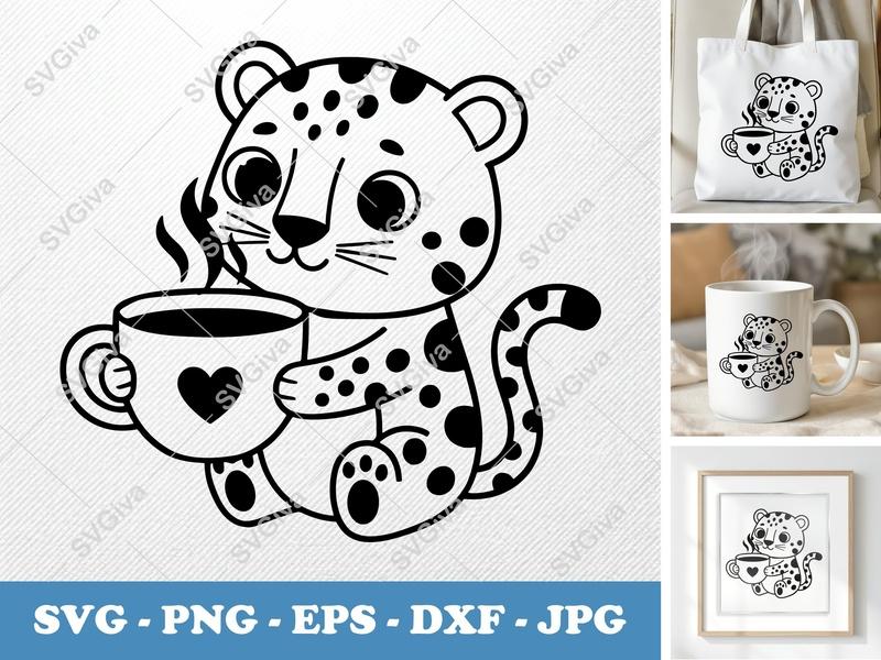 Leopard SVG, Cute Cartoon Leopard with Coffee Mug, Modern Clean Design PNG EPS DXF for Cricut, Silhouette