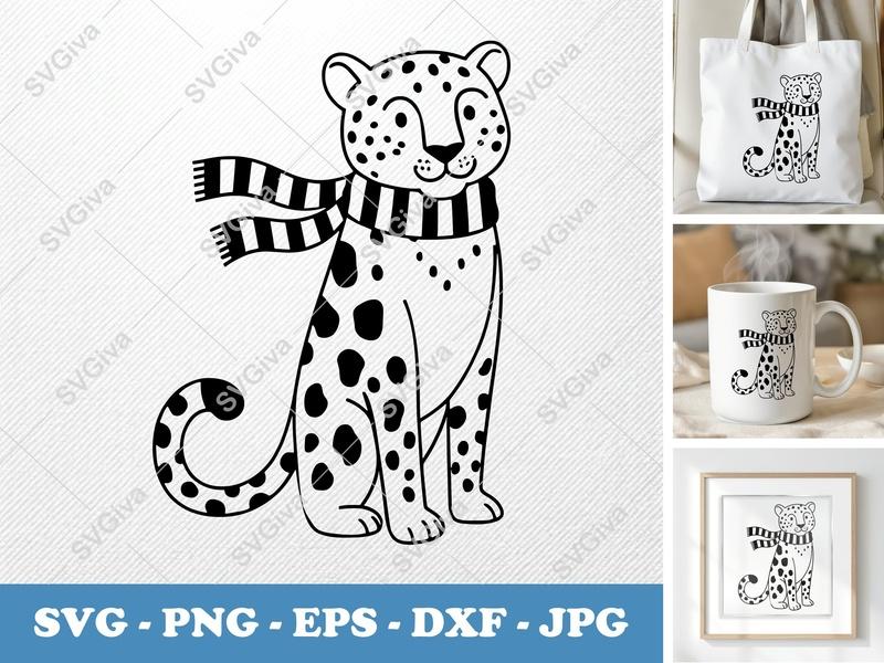 Leopard SVG, Cute Cartoon Leopard with Scarf PNG EPS DXF | Cricut, Silhouette Cut File, Modern Animal Clipart