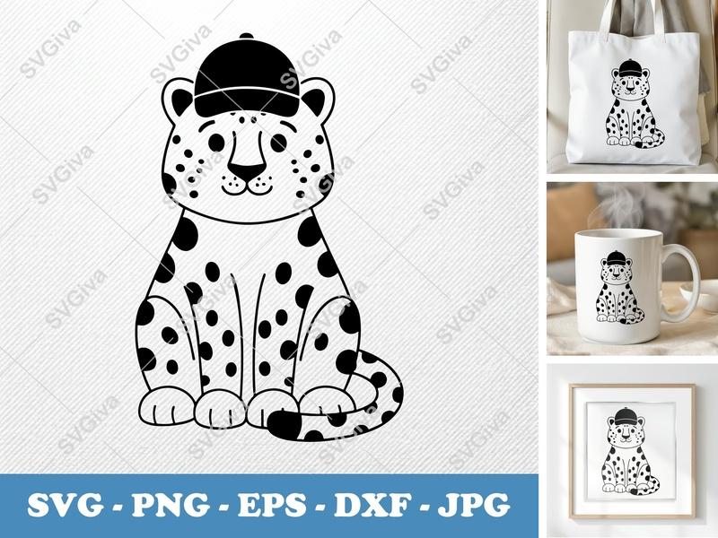 Leopard SVG | Cute Leopard with Hat, Animal Print, Wild Cat | PNG EPS DXF for Cricut, Silhouette, Modern Design