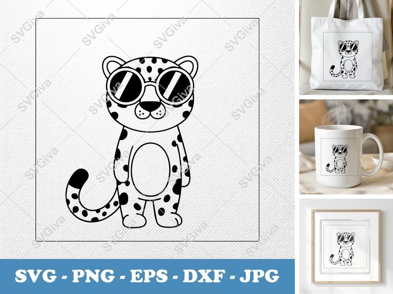 Leopard SVG, Friendly Rounded Bean-Shaped Leopard Wearing Sunglasses | PNG DXF EPS | Cricut Silhouette File