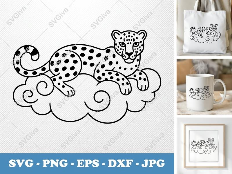 Leopard SVG | Modern Cloud Design, Animal Cut File, PNG EPS DXF for Cricut, Silhouette