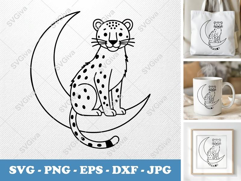 Leopard SVG | Moon Leopard Clean Line Art | Cheetah on Crescent PNG EPS DXF | Cricut Silhouette File