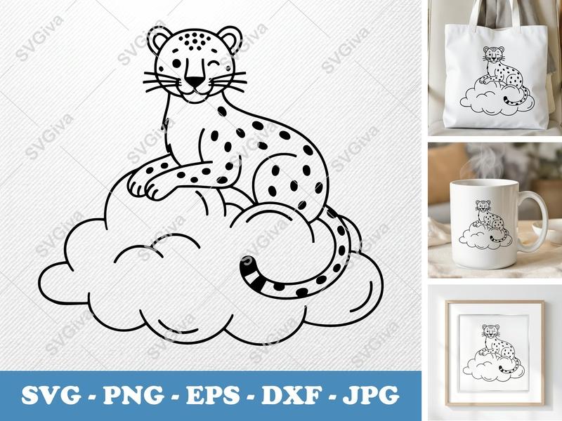 Leopard SVG on Cloud | Cute Animal Art, Spotted Cat, EPS, PNG, DXF for Cricut & Silhouette, Baby Nursery Design
