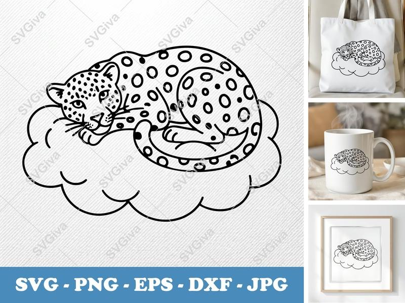 Leopard SVG on Cloud | Modern Clean Design, Cute Animal PNG EPS DXF for Cricut, Silhouette, Digital Download