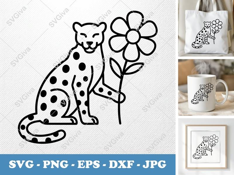 Leopard SVG | Sitting Cheetah with Flower | Clean Line Art, Modern Animal Design PNG EPS DXF for Cricut Silhouette