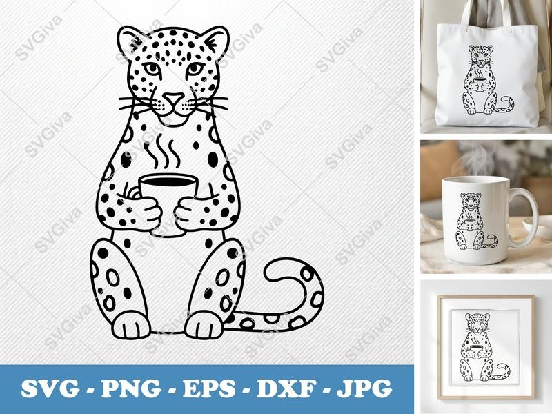 Leopard SVG with Coffee, Modern Clean Line Art | PNG EPS DXF | Cricut Silhouette Cut File, Animal Clipart