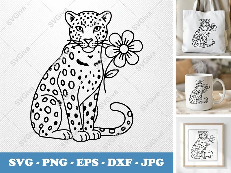 Leopard SVG with Flower | Modern Animal Cut File | PNG EPS DXF for Cricut, Silhouette