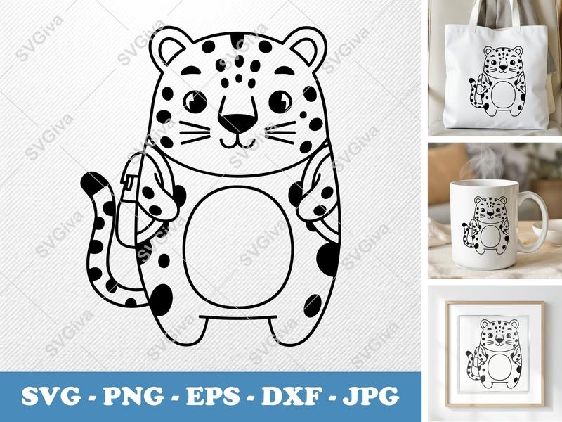 Leopard wearing Backpack SVG | Friendly Bean-Shaped Rounded Body | PNG DXF EPS | Cricut Silhouette File