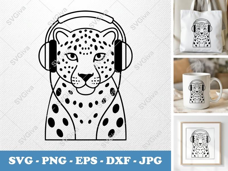 Leopard Wearing Headphones SVG | Minimalist Character Cut File | Bold Contour Design PNG DXF EPS | Cricut Silhouette Ready