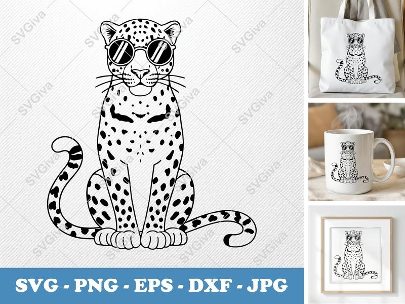 Leopard wearing Sunglasses SVG | Minimalist Character Design | Bold Contour White Fill | SVG PNG DXF EPS | Cricut Silhouette File
