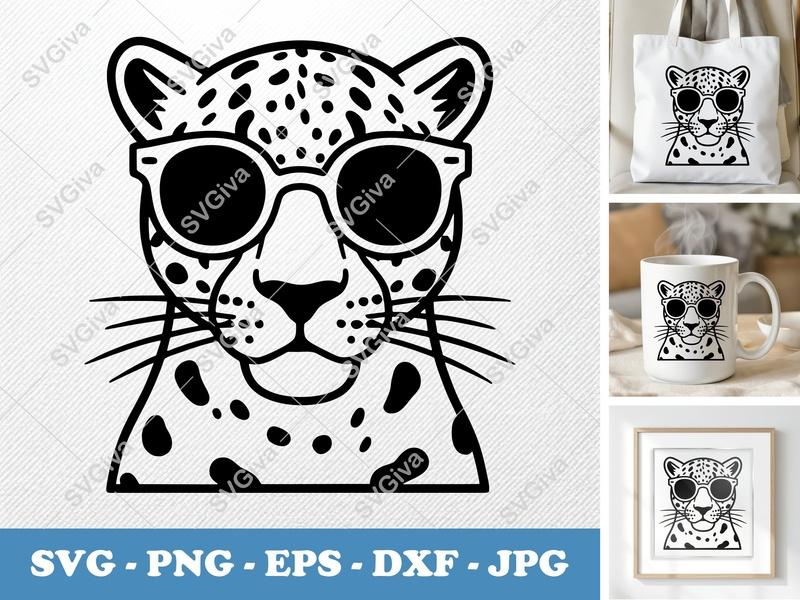 Leopard Wearing Sunglasses SVG | Minimalist Double Outline Design | Thick Contour, Thin Lines | SVG PNG DXF EPS for Cricut Silhouette
