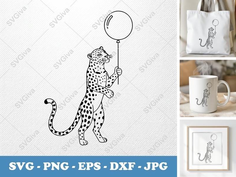 Leopard with Balloon SVG | Bold Minimalist Contour Cut File | PNG DXF EPS | Cricut Silhouette Design
