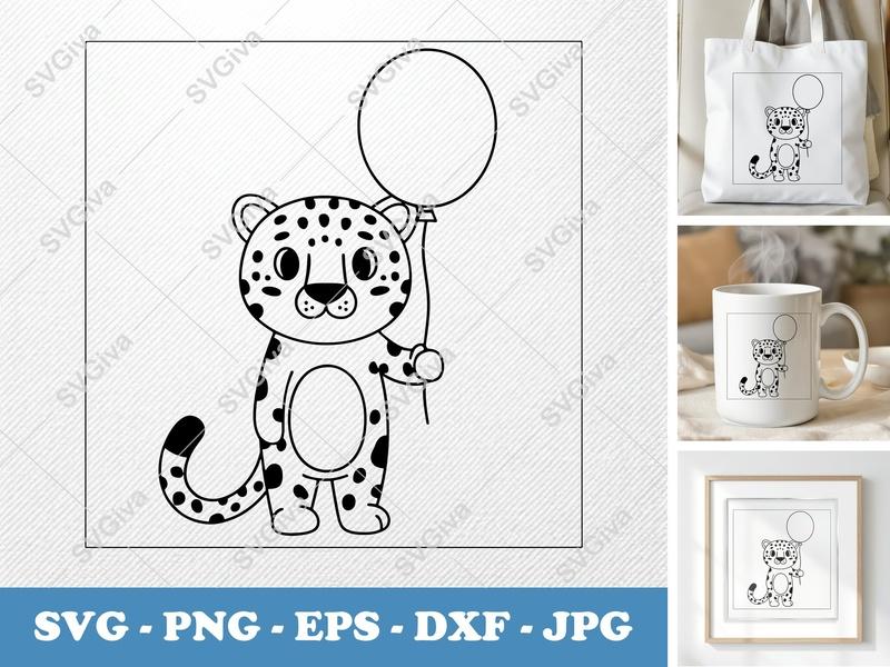 Leopard with Balloon SVG | Cute Rounded Body Friendly Bean-Shaped Forms | PNG DXF EPS | Cricut Silhouette File