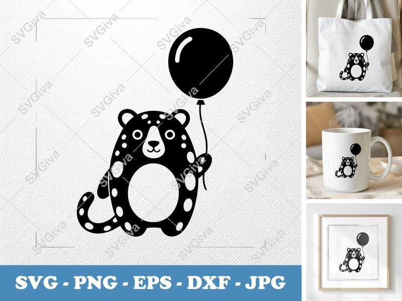 Leopard with Balloon SVG | Puffy Animated Style | PNG DXF EPS | Cricut Silhouette File