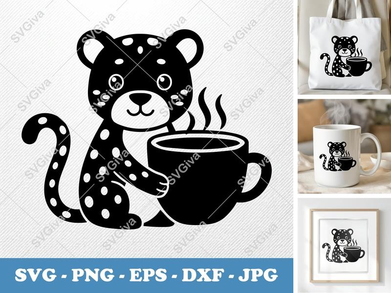Leopard with Coffee Cup SVG | Puffy Soft Forms | Inflated Pillow Art | PNG DXF EPS | Cricut Silhouette File