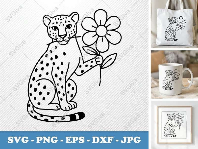 Leopard with Flower SVG | Bold Contour, Simple Character | PNG DXF EPS | Cricut Silhouette File