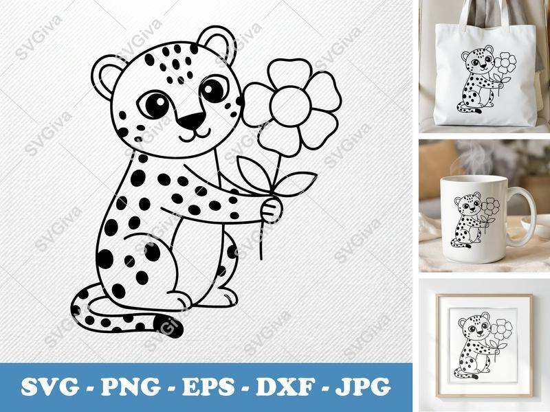 Leopard with Flower SVG | Friendly Rounded Bean-Shaped Design | PNG DXF EPS | Cricut Silhouette File